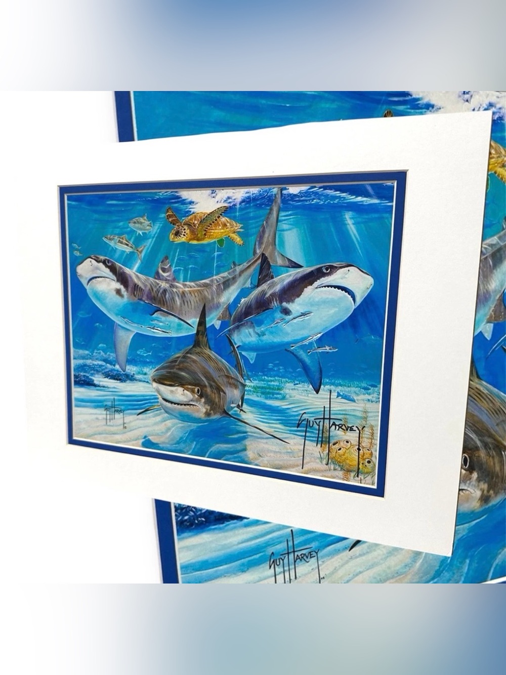 Hand Signed Guy Harvey Sharks Sea  & Turtle Art Print 10 x 8 1/4”